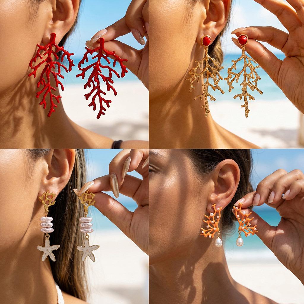 Holiday Style Coral Faux Pearl Starfish Tassel Earrings