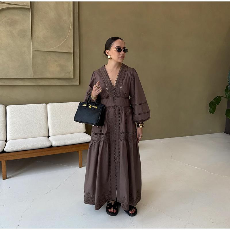 Elegant Lace Hollow Out Women's Long Dress Solid V-neck Patchwork Puff Sleeve Bodycon Dressess Female New Lady Robes