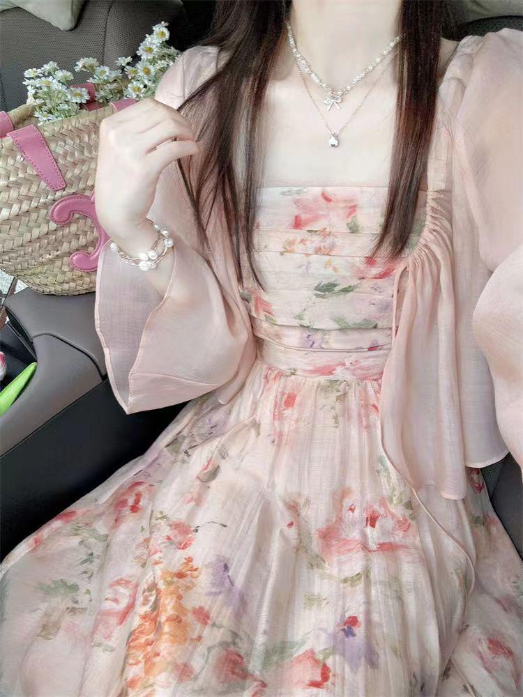 French Floral Summer Strapless Dress & Sunscreen Shirt Set for Women