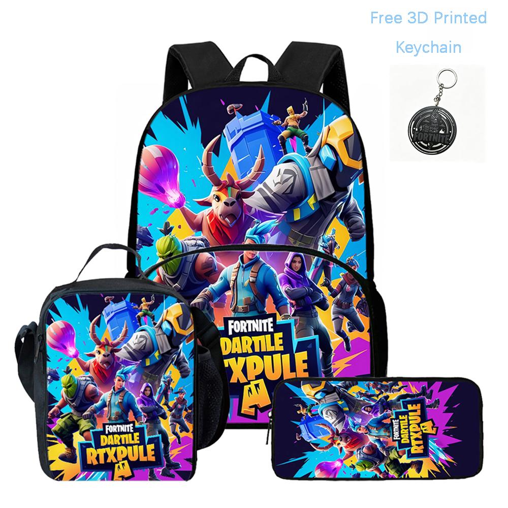 FORTNITE 3Pcs Cartoon School Set, Lightweight Backpack Front Pocket, Lunch & Pencil Case Kids 5-10, Free 3D Printed Keychain