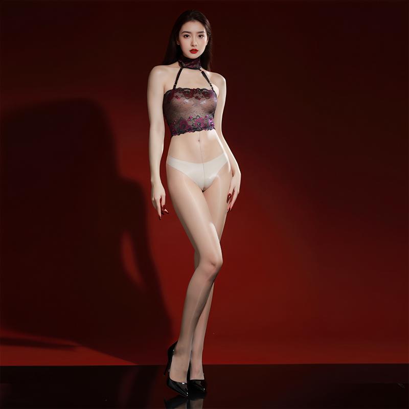 Womens Sexy Stockings Ultra-Thin Oil Shiny Silky Floral Jumpsuit Smooth Perspective Open Crotch Underwear Night Club Wear