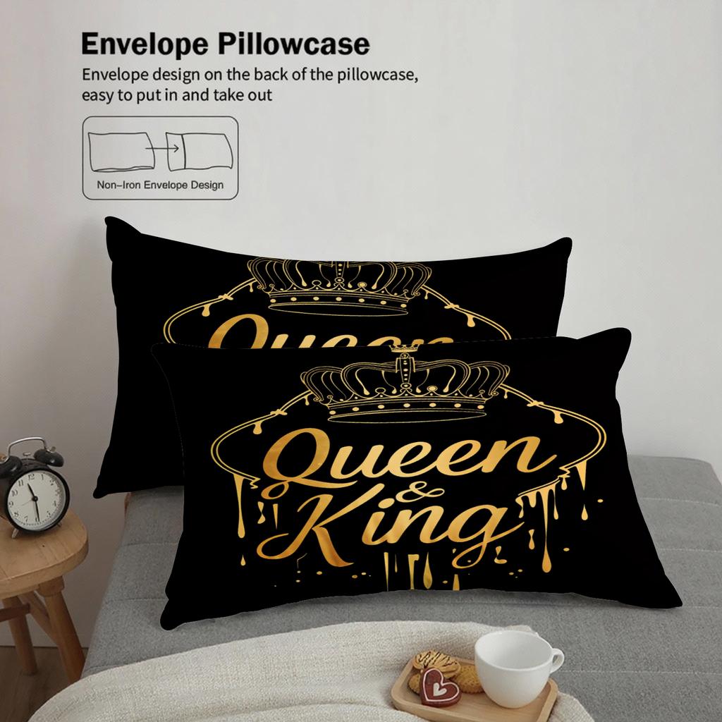 Queen And King Bedding Set Black Gold Crown Print Bedding With Duvet Cover & Pillowcases For Couples Bedroom