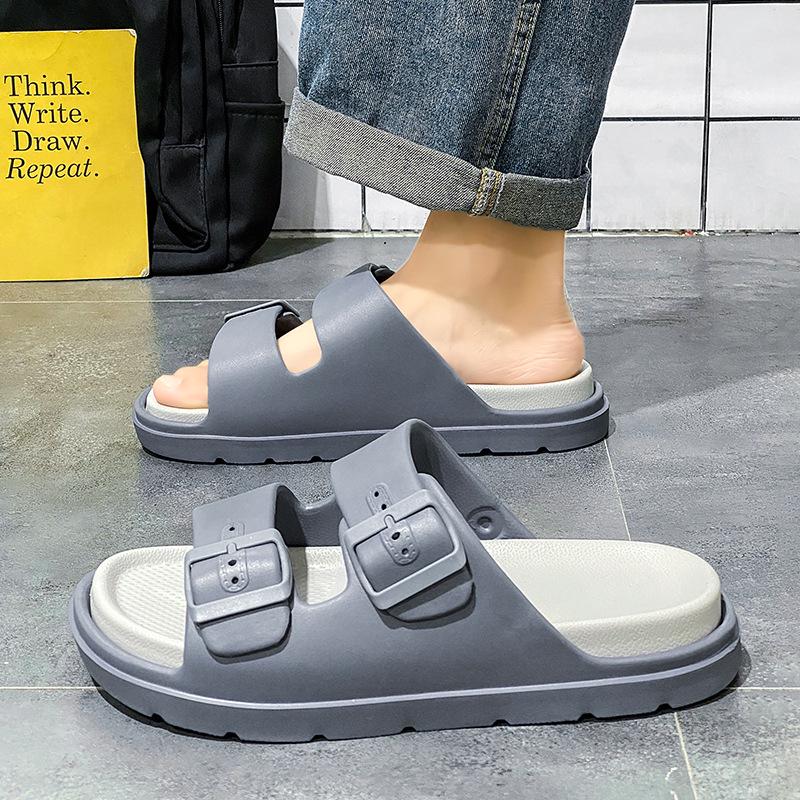Men's Summer Slippers: Wear-resistant, Double Buckle, Thick Sole, Large Size, Trendy Indoor/Outdoor Footwear.