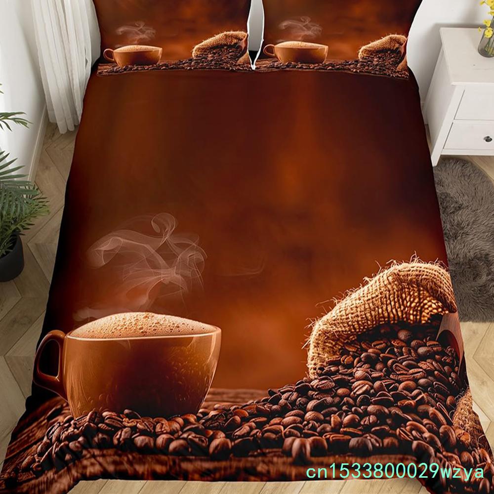 Coffee Duvet Cover Queen King Cartoon Coffee Drink Cup Print Bedding Set Coffee Lover Comforter Cover Modern Brown Quilt Cover