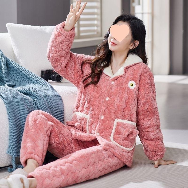 Pajamas women's winter warm winter fleece thickened coral fleece three layers of cotton autumn and winter women's loungewear