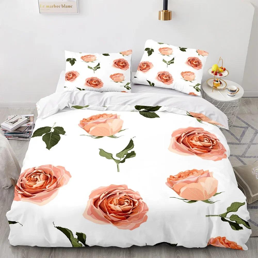 Red Flower King Queen Duvet Cover Pink Rose Bedding Set Dahlias Quilt Cover Floral Leaves White 2/3pcs Polyester Comforter Cover