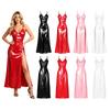 Women Glossy Waterproof Sling Sleepdress V Neck Thin Strap High Waist Side Slit Vinyl Clubwear for Rave Party Beach Night Out