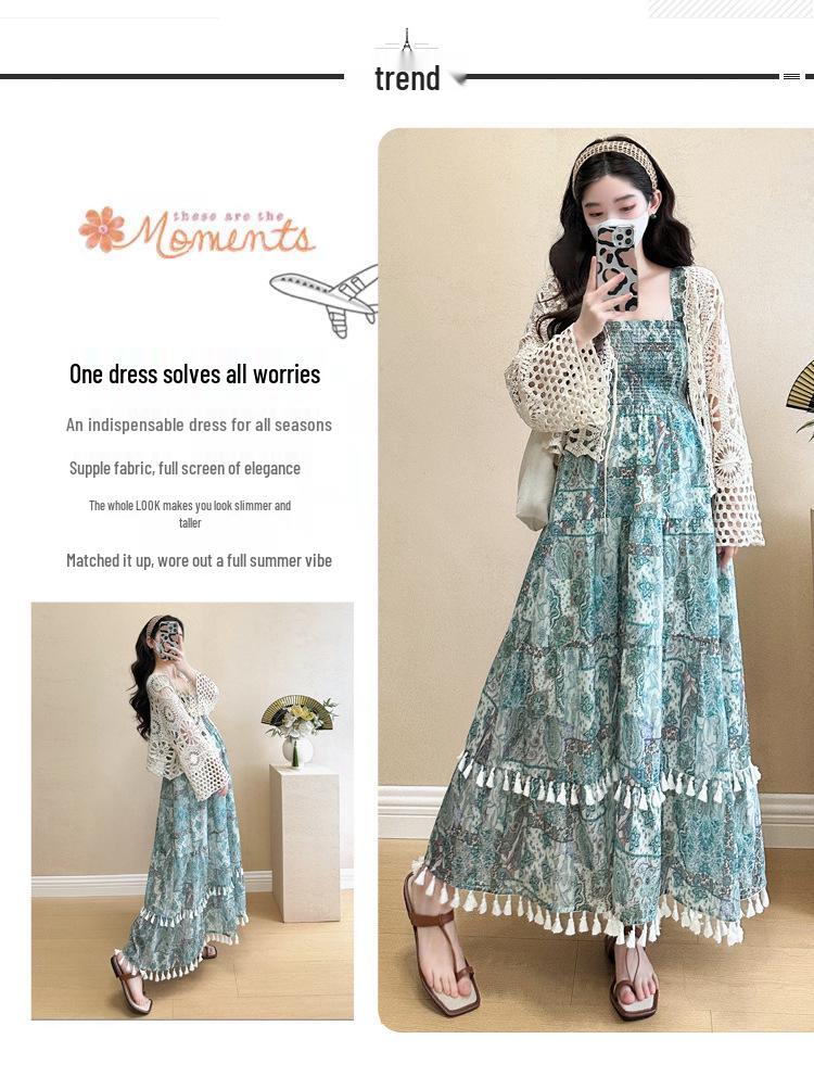 Knit Hollow Cardigan Maternity Set: Slimming Long Dress Two-Piece for Summer 2026, Age-Reducing Holiday Style