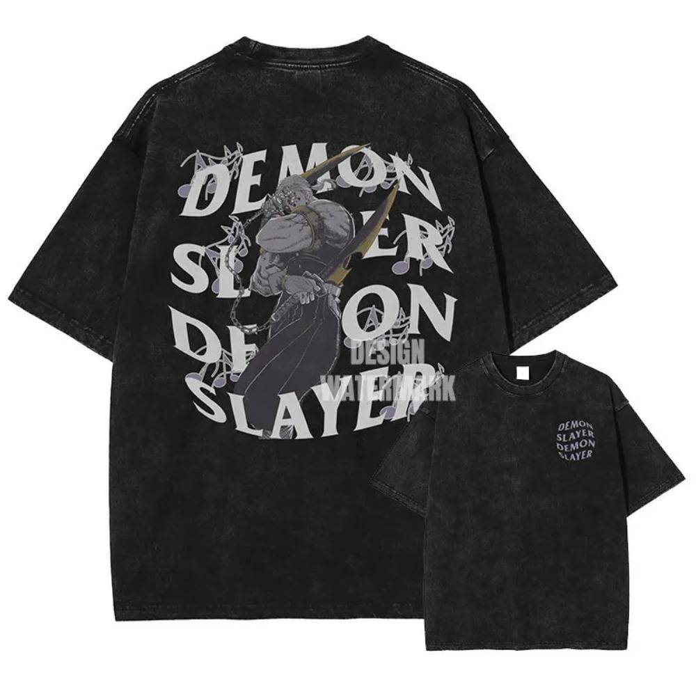 Demon Slayer Kamado Tanjiro Hinokami Kagura Vintage Washed Double Sided Print T-Shirt, Unisex Oversized Streetwear, Anime Fan Gift
