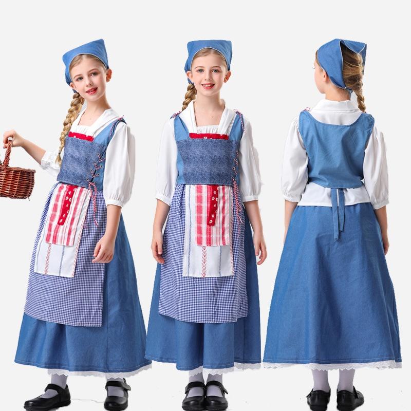 Girl Match Little Cinderella Cosplay Costume Halloween Clothing Match Plaid Blue