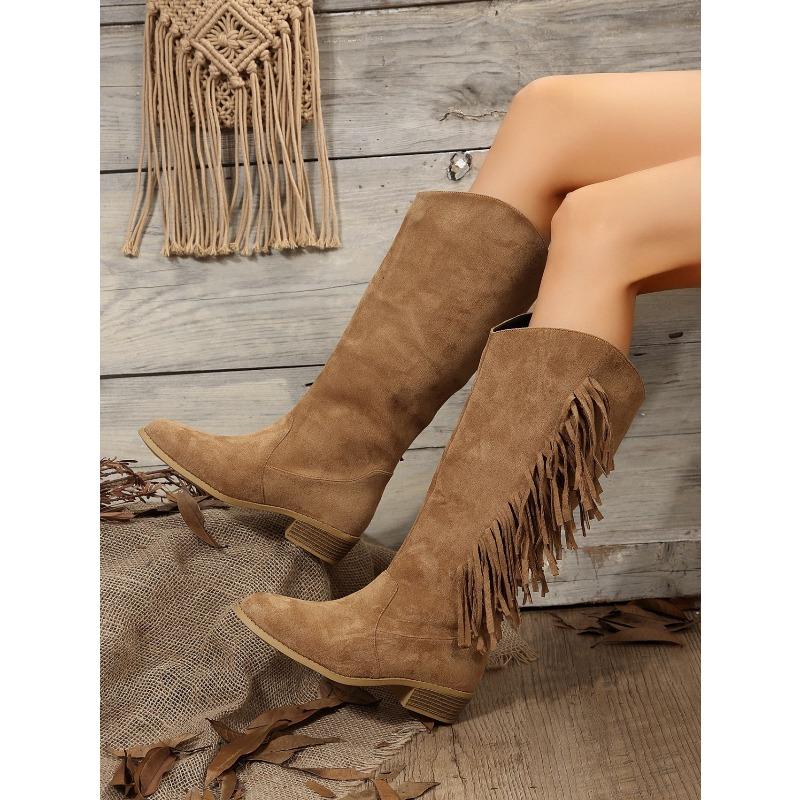Plus Size Women's New Arrival Suede Knee-High Fringe Boots Pointed Toe Low Heel Versatile Long Boots Rider Boots