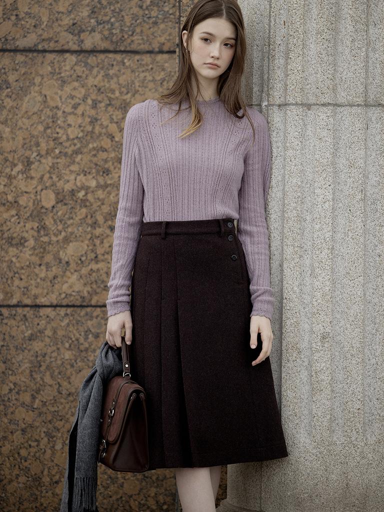 Lenina Ciel Wool Pleats Skirt_Brown