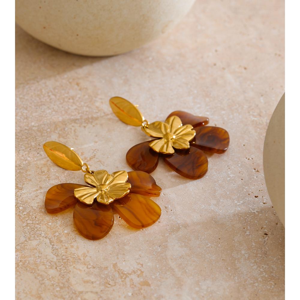 Eetit Modă Rășină Ambră Acrilic Floare Inimă Cercei Căzuți 2025 Femei Oțel Inoxidabil Trendy Aur PVD Bijuterii Impermeabile