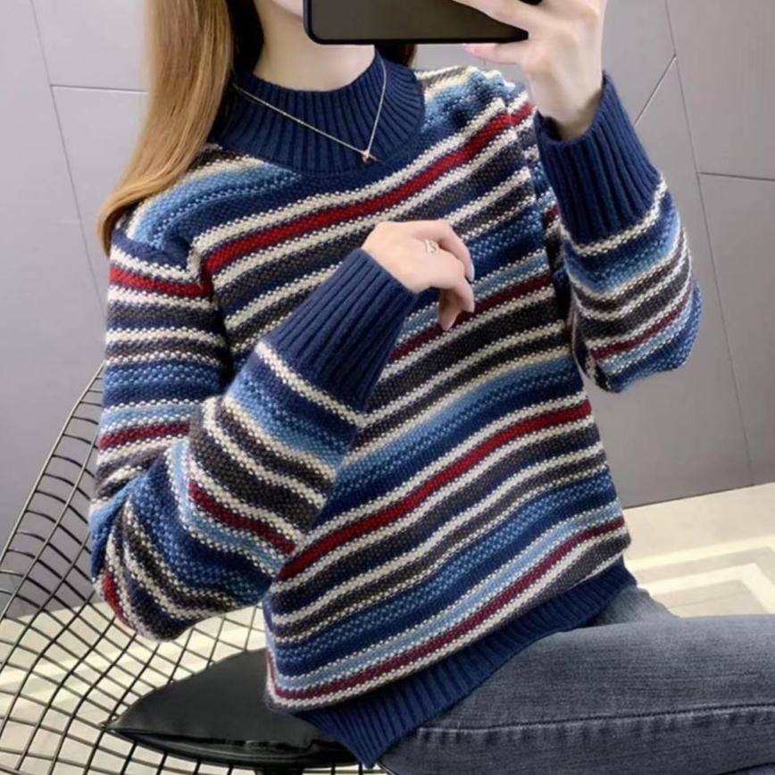 Half Turtleneck Sweater Women's Autumn and Winter Retro Pullover Versatile Long-sleeved Loose Striped Knitwear