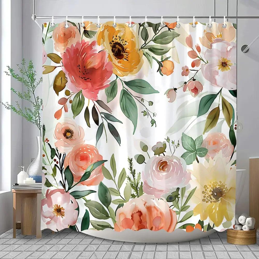 Květinová sprchová závěs Květinová látka Sprchové závěsy pro rustikální vintage koupelnový dekor Koupelnové závěsy Akvarelový šik Cosmos