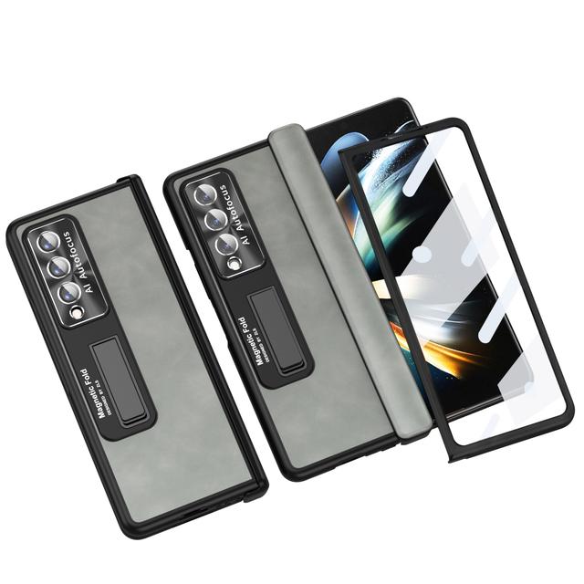 

Кожаный чехол с противоударным передним стеклом и пленкой для Samsung Galaxy Z Fold 4 Fold4 Fold3 Fold 3 Zfold4, чехол для телефона с подставкой for Samsung Z Fold 3 серый