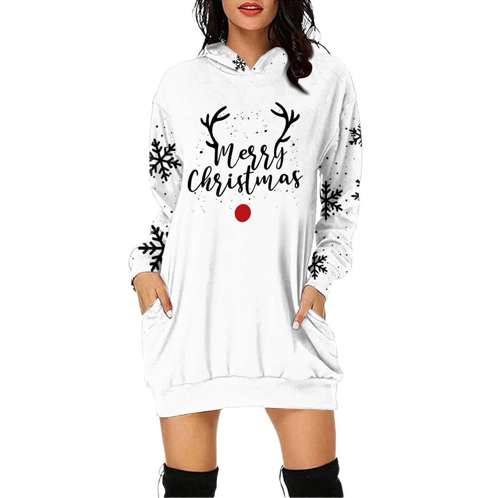 Rochie Pulover cu Glugă și Mâneci Lungi cu Buzunar și Imprimeu de Crăciun pentru Femei