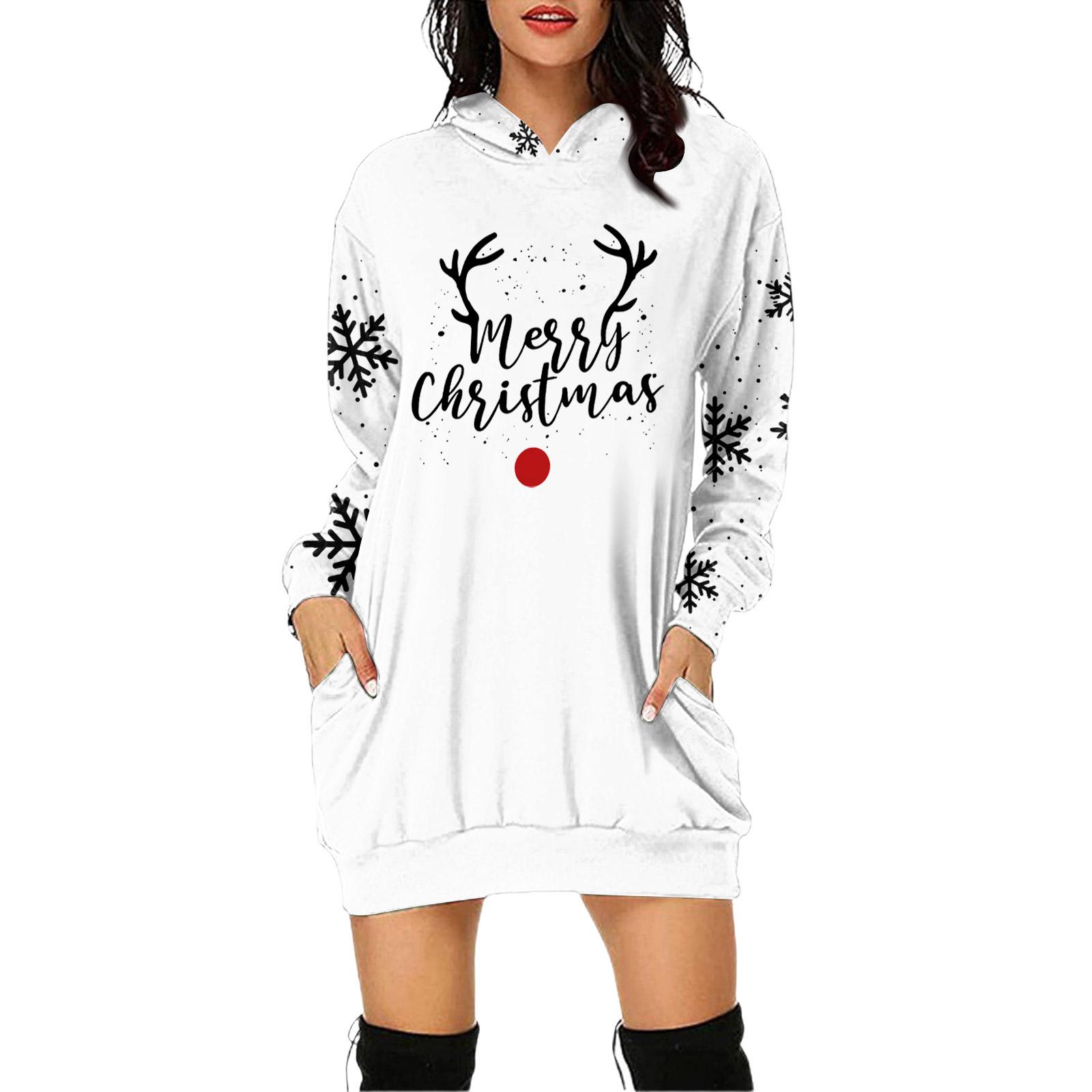 

Женское платье-пуловер с капюшоном и карманом с рождественским принтом и длинным рукавом XL белый