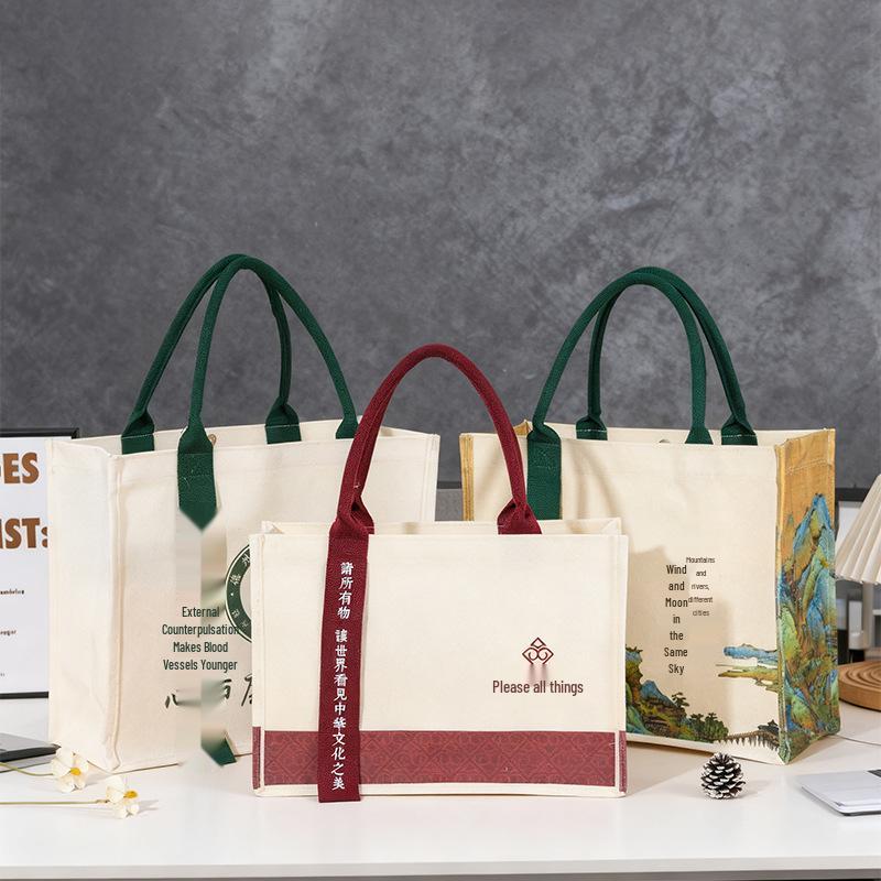 Canvas Logo Burlap Tote - Handheld Shopping and Outing Bag