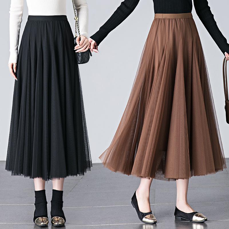 Brand Discount Women's High Waist Pleated Silk Midi Skirt with Puffy Mesh Overlay