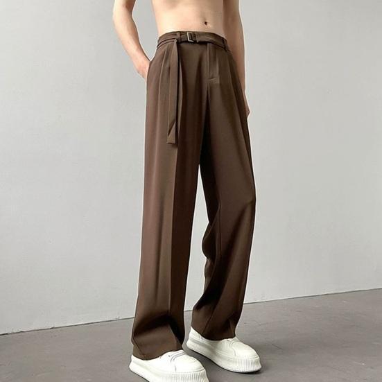 Men Suit Pants Straight Wide Leg Loose Belted Adjustable Waist Solid Color Formal Business Style Streetwear Full Length Casual Office Wear Trousers