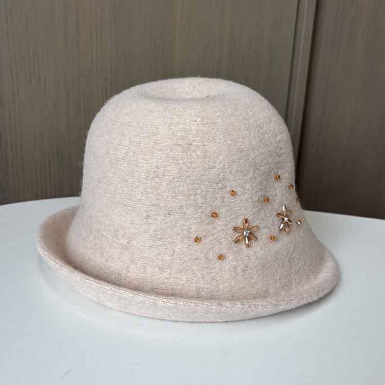 Retro Small Fragrant Style Fashion Wool Bucket Hat Women Autumn And Winter Warm Foldable Basin Hat Rhinestone Elegant Top Hat