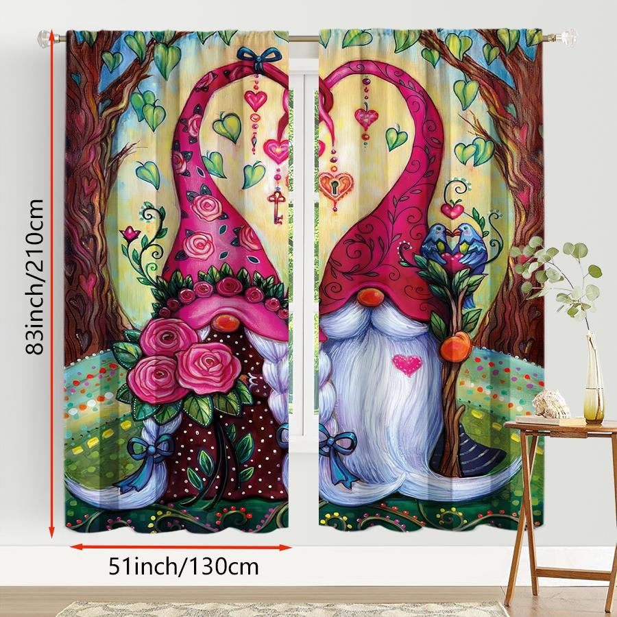 2pcs Vibrant Love Gnome & Rose Curtains, Ideal for Valentine's Day Window Decor, Whimsical Home Bedroom Living Room Decor