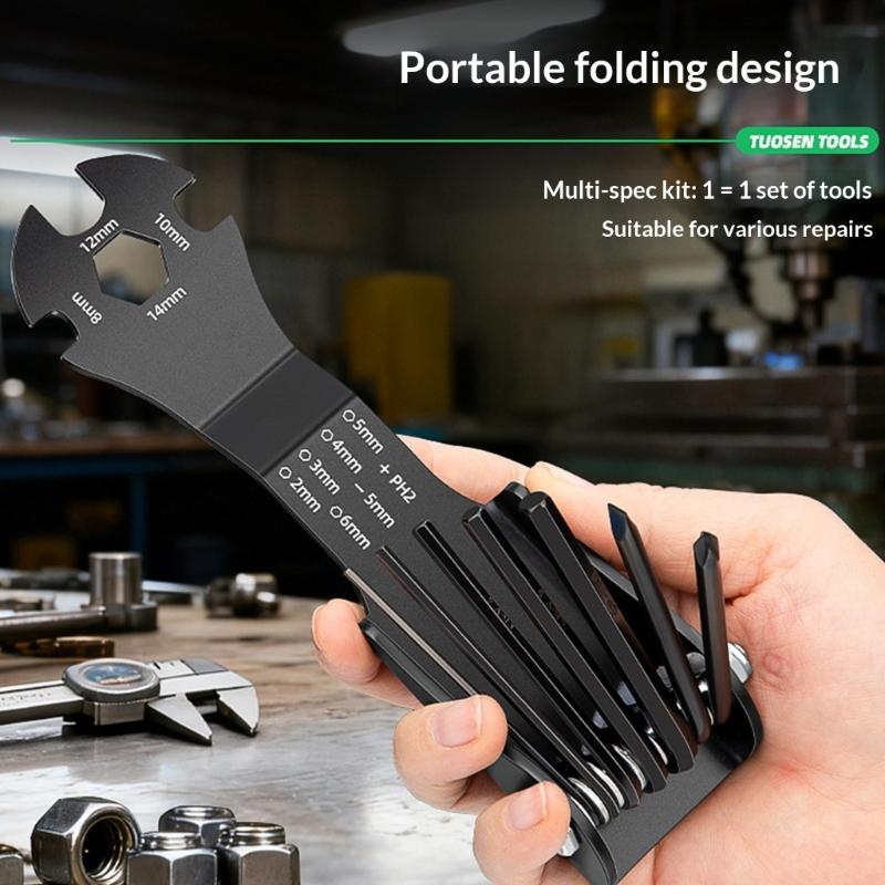 Multifunktionales Handwerkzeug-Set inklusive Kreuzschlitzschraubendreher, Maulschlüssel und klappbarem Sechskantschlüssel für verschiedene Reparaturarbeiten, tragbares Design
