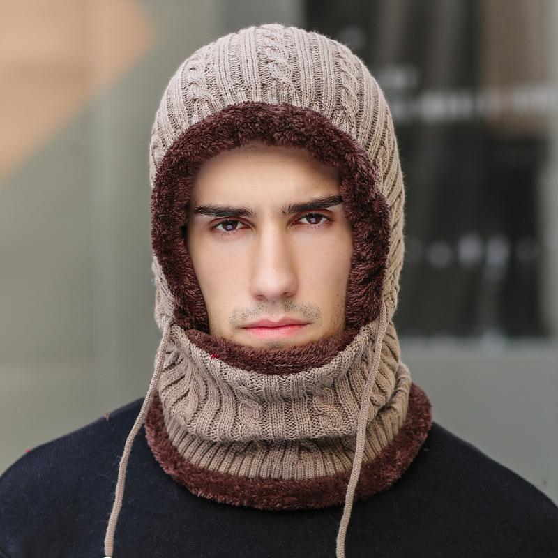 Trendy Winter Knit Hat Unisex Warm Fleece-lined Neck Cover Windproof Ear Protection One-piece Mouthpiece Cap