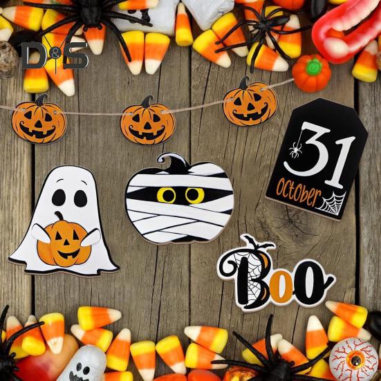 

7 шт./компл. многоуровневый поднос на Хэллоуин, украшение из деревенского дерева, привидение, тыква, буква, настольный знак, праздничный многоуровневый поднос, украшение для рабочего стола A