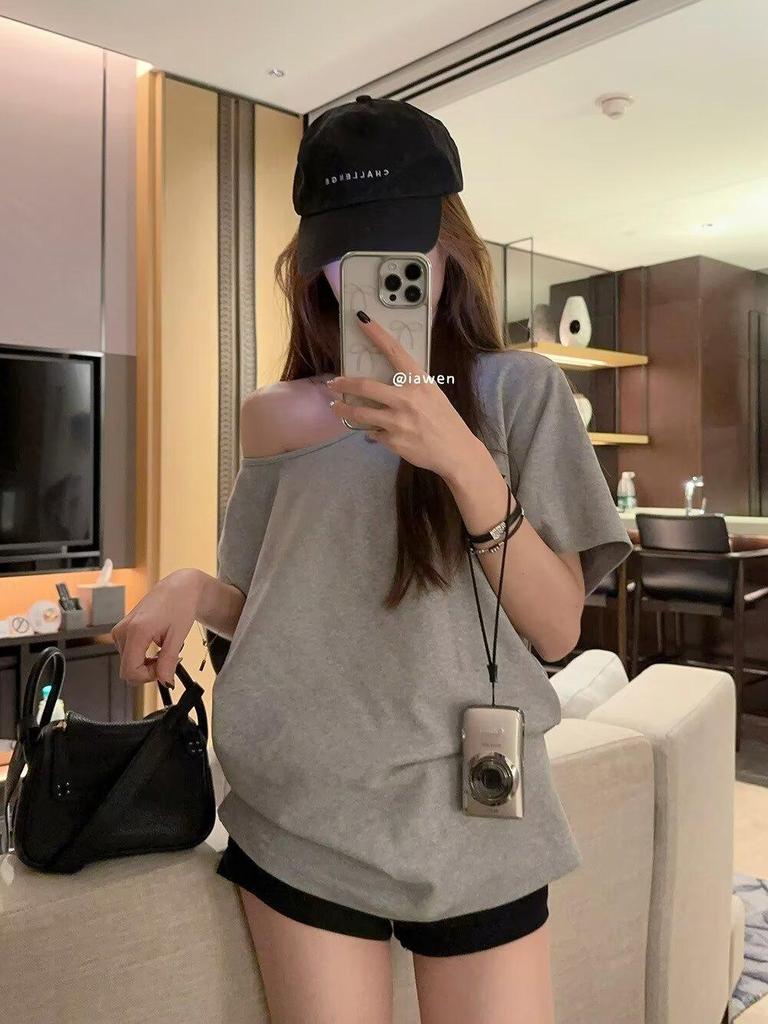 Spicy Girl Asymmetrical Neck Short-Sleeve T-Shirt - Women's Summer 2025 Korean Style Loose Slimming Top