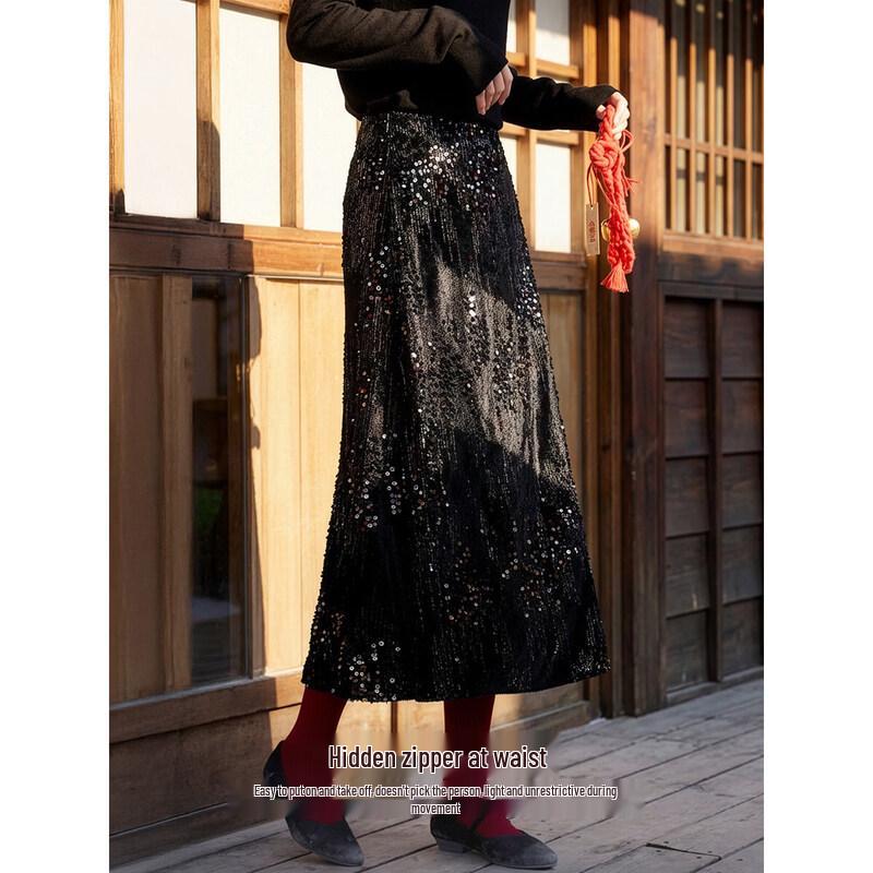 XWI Elegant Velvet Irregular Sequin A-Line Skirt