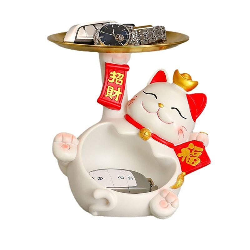M-Modern-Fortune Cat Statue, Creatives Cute Fortune Cat Tray, Resin Fortune Cat Statue With Dish, Fortune Cat Key Storage Tray D