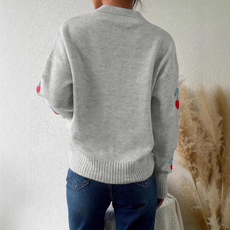 Women S Casual Cherry Pattern Knit Cardigan V Neck Loose Fit Button Detail Sweet Sweater