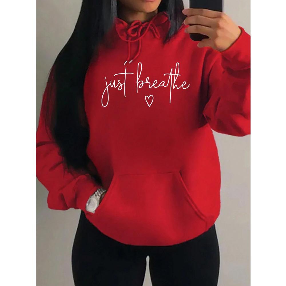 Just Breathe Love Art Letter Design Women Hoody Trendy Fleece Hoodie Autumn Pocket Hoodies Multicolor Soft Streetwear