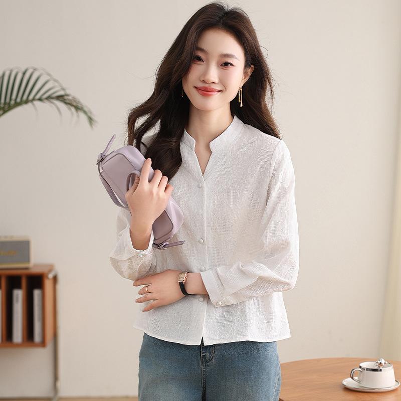 Cotton Jacquard V-neck Women's Shirt Spring New Casual Simple Texture Thin Women's Shirt