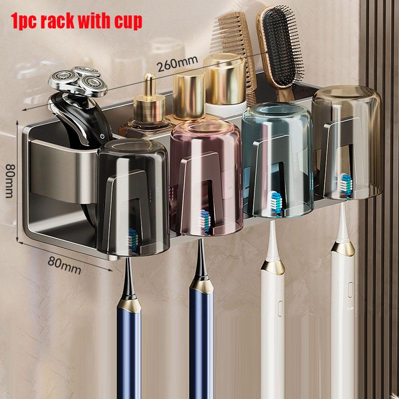 Aluminum Toothbrush Rack Punch-Free Wall-Mounted Toothbrush Cup Holder Bathroom Multifunctional Toothpaste Razor Shelf Organizer