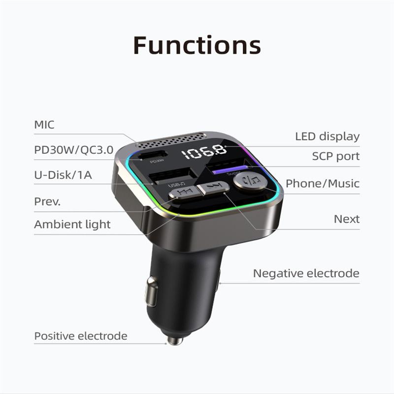 Car Bluetooth 5.3 Fm Transmitter Adapter For Car 60W Pd+Qc3.0 Quick Charging Rgb Light Wireless Music Radio Modulator Player