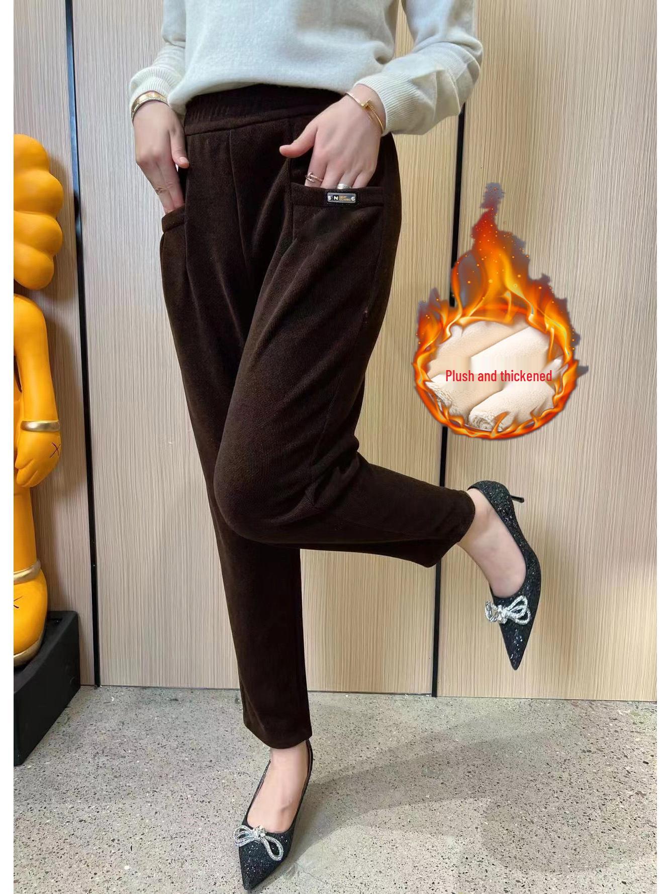 

2026 Spring European Cotton Velvet Harem Pants - Women s Elastic High Waist, Loose Fit, Casual Corduroy with Plus Velvet. 5XL (70-80kg)