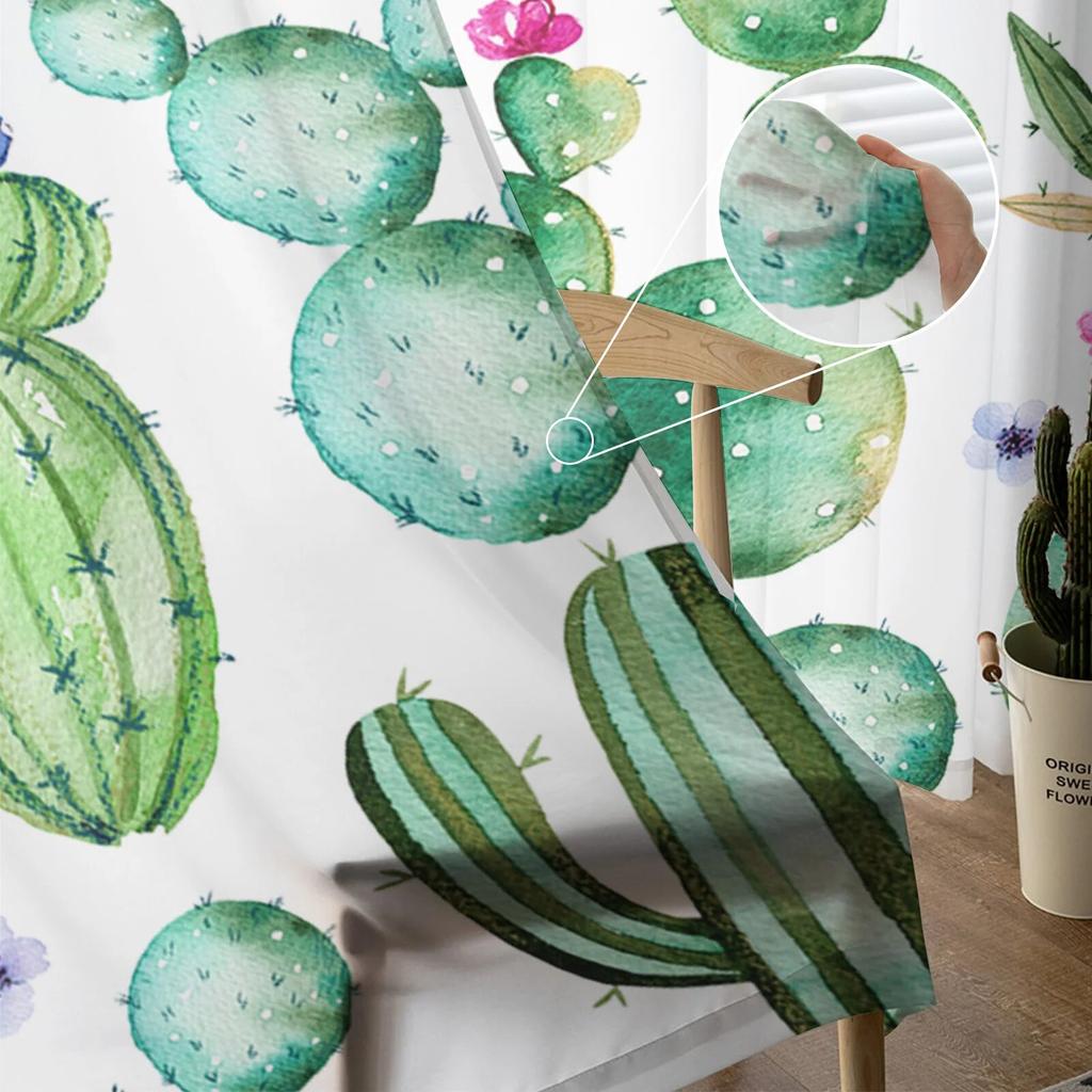 Cactus Watercolor Flowers Green Luxury Tulle Curtains Modern Living Room Kitchen Chiffon Curtain Bedroom Sheer Valance Curtain