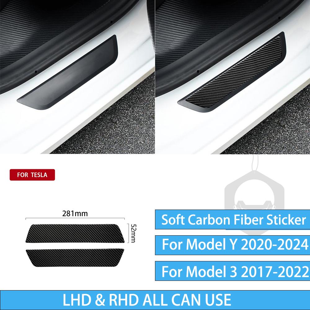 For Tesla Model Y -2024 For Model 3 2017- Accessories Interior Rear Door Sill Threshold Bar Carbon Fiber Stickers Trim
