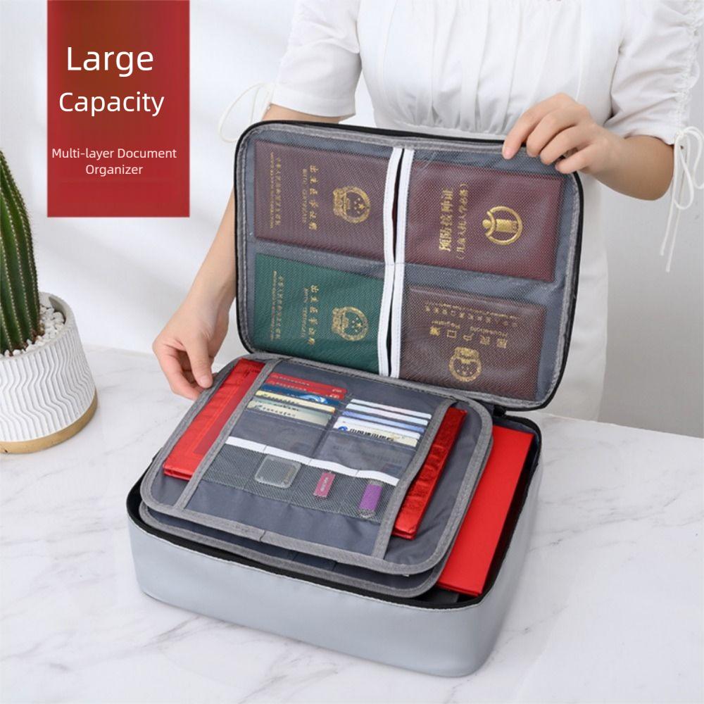 Waterproof Fireproof Document Bag Multi-Layer with Lock Portable Passport Case Space Saving Comfortable Handle Files Briefcase