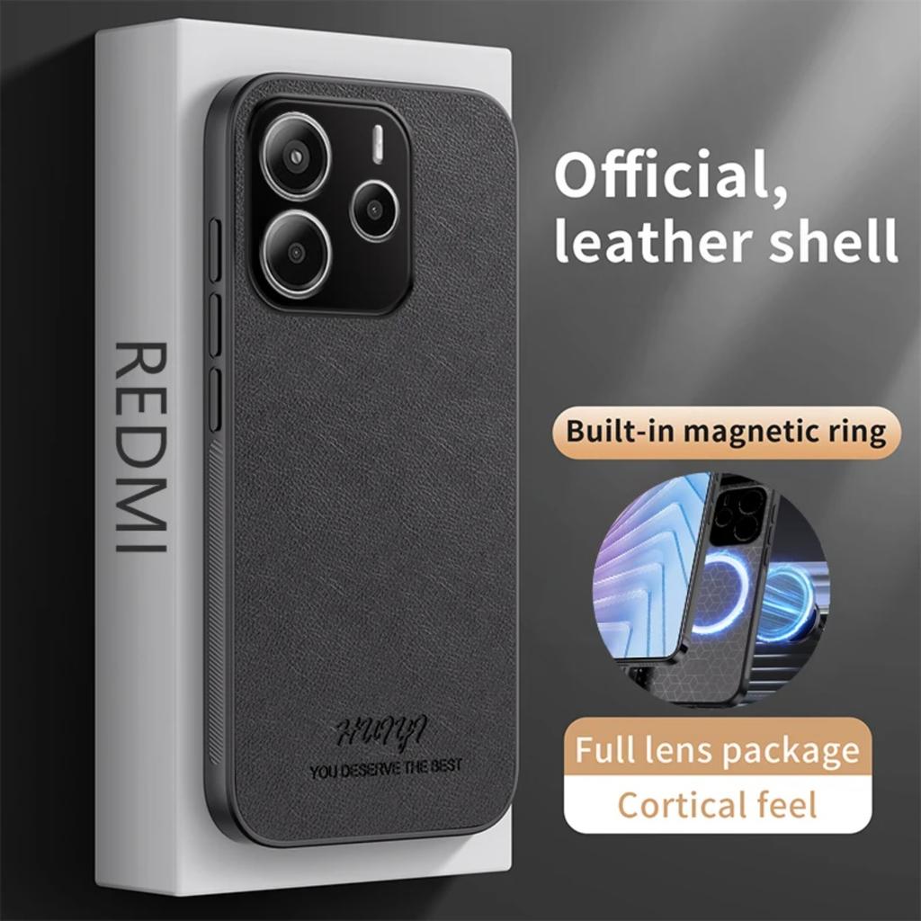 Leather Magsafe Case for Xiaomi Redmi Note 14 5G Global Car Magnetic Holder Wireless Charging Silicone Phone Cover RedmiNote14