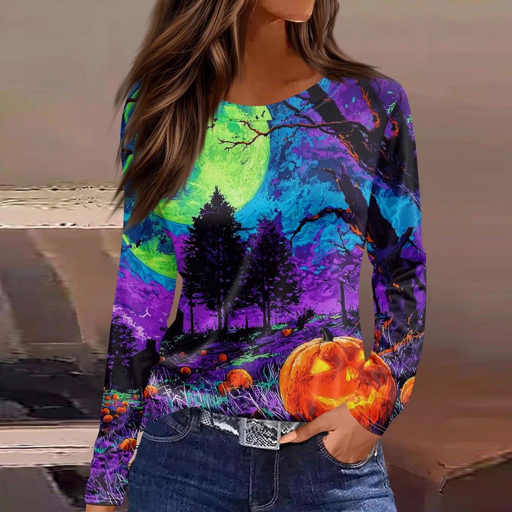 Women's Fashion Hem Slit Casual Halloween Printed Round Neck Long Sleeve Top