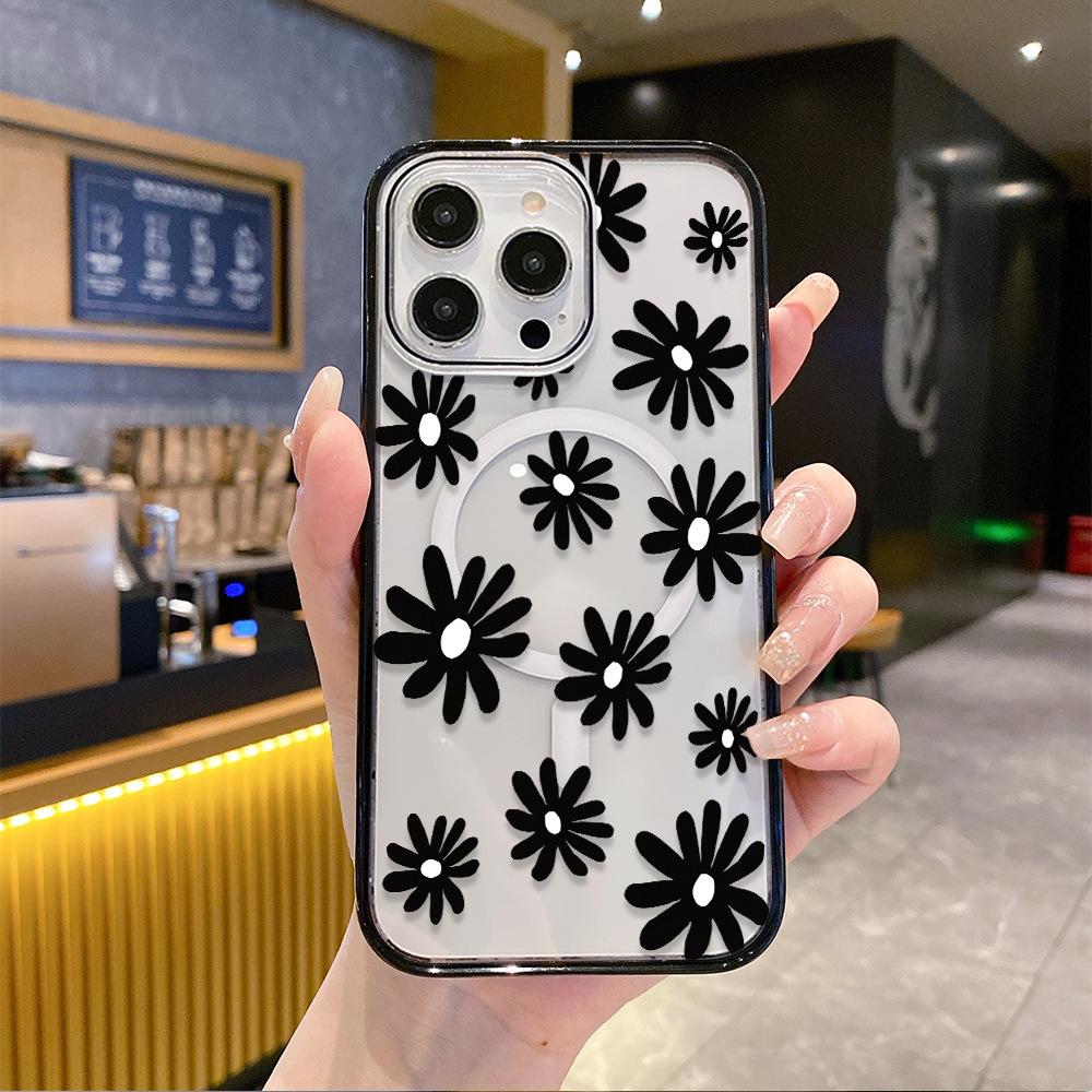 Black Flower Thin Circle Acrylic Magnetic Mobile Phone Case Is Suitable for Iphone15 Simple Apple 17promax Hard Case