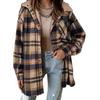 Women's Fashion Classic Casual Fleece Check Jacket Long-Sleeved Autumn/Winter Button-Fastening Colour-Block Hooded Coat