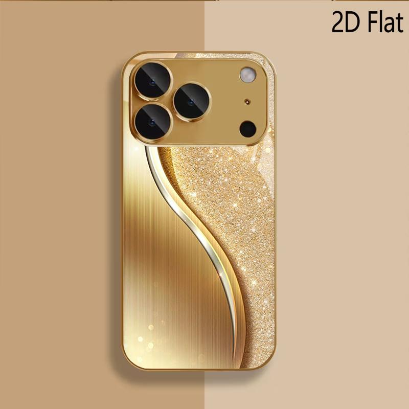 Gold Print Patterned Tempered Glass Design for iPhone16 17 Pro Max 15 14 13 12 11 ProMax Phone Case Camera Cover Shockproof H