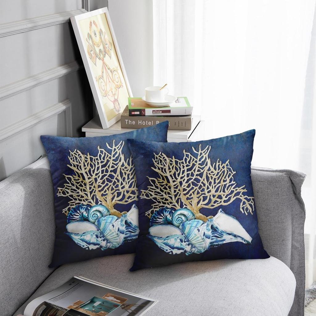 Emvency Set of 2 Throw Pillow Cover Blue Seashore Indigo Ocean Coral Seashells Beach House Gray Coastal Decorative Pillow Case Home Decor Square 18 X
