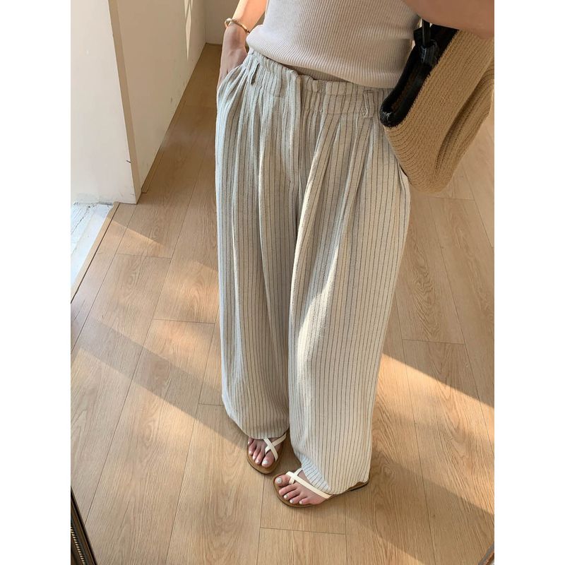 

All-Match Loose Pants Stripe Linen Casual Pants for Women Spring New Slimming Texture Vertical and Smooth Lazy Wide-Leg Pants Flax Primary XL