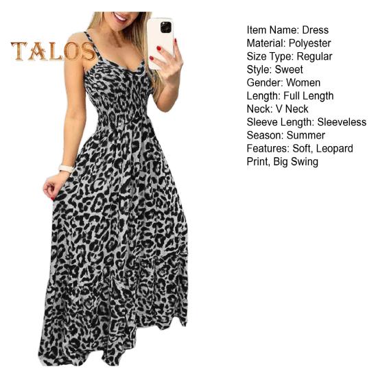 Women Strappy Dress Leopard Print Low-cut V Neck Sleeveless Tight High Waist Color Matching Backless Big Hem Vacation Beach Maxi Dress